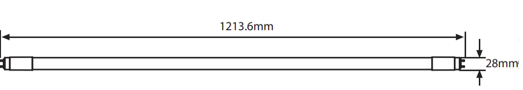 En illustration på ett lysrör med längden 1213.6mm x 28mm