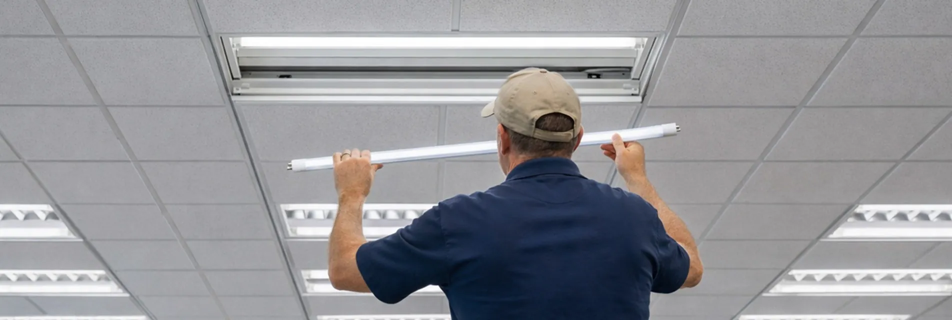 Installatör som installerar ett Noxion T5 lysrör i armatur